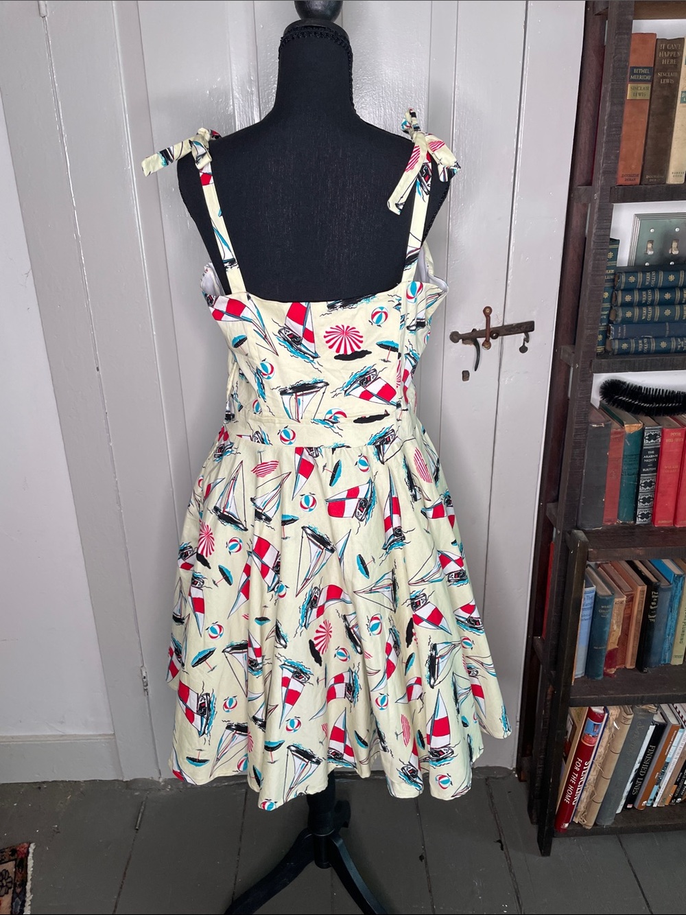 Vintage-Inspired Cream Nautical Print Sundress with Tie Straps. Bettie Page - Picture 2 of 3